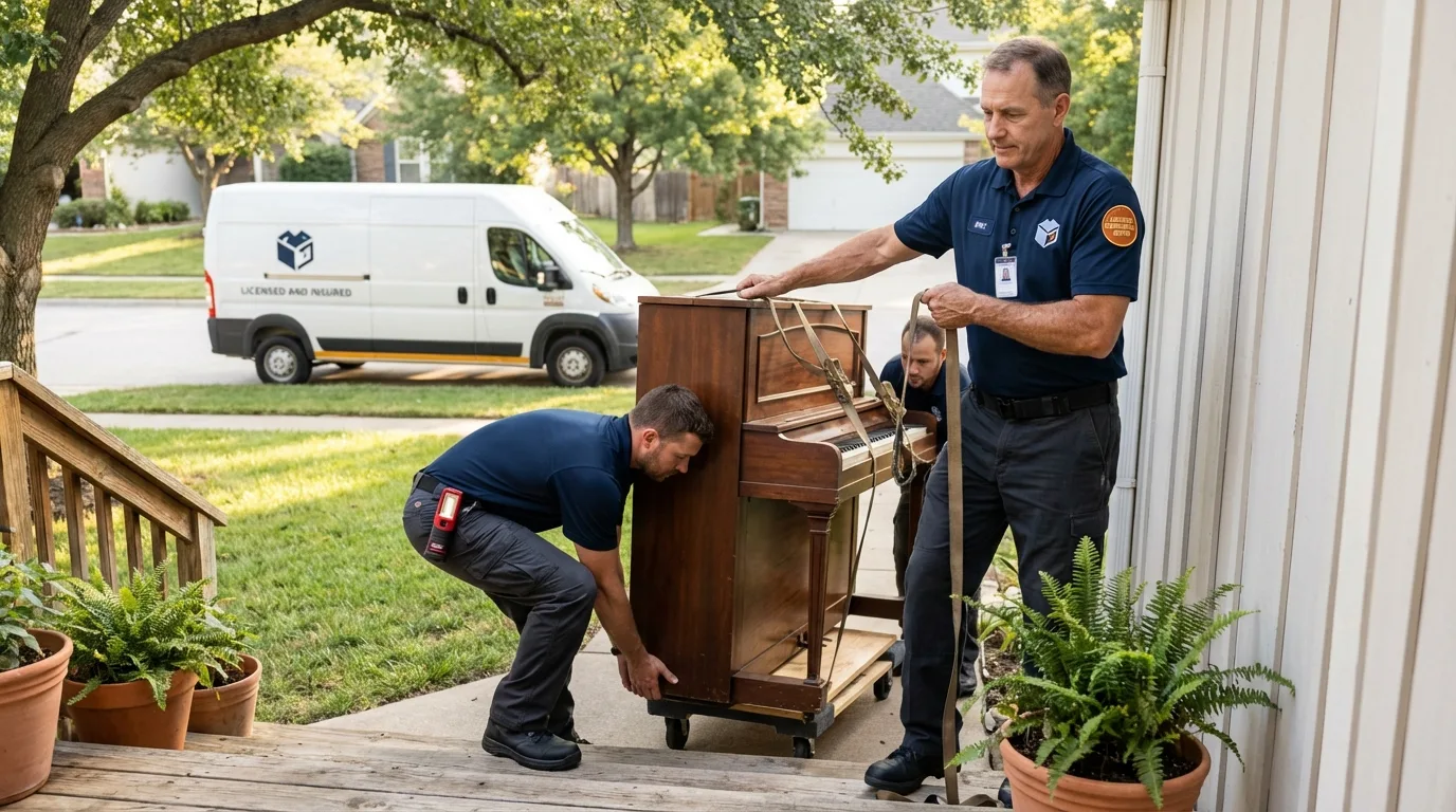Licensed piano movers securing grand piano in Pocahontas, AR