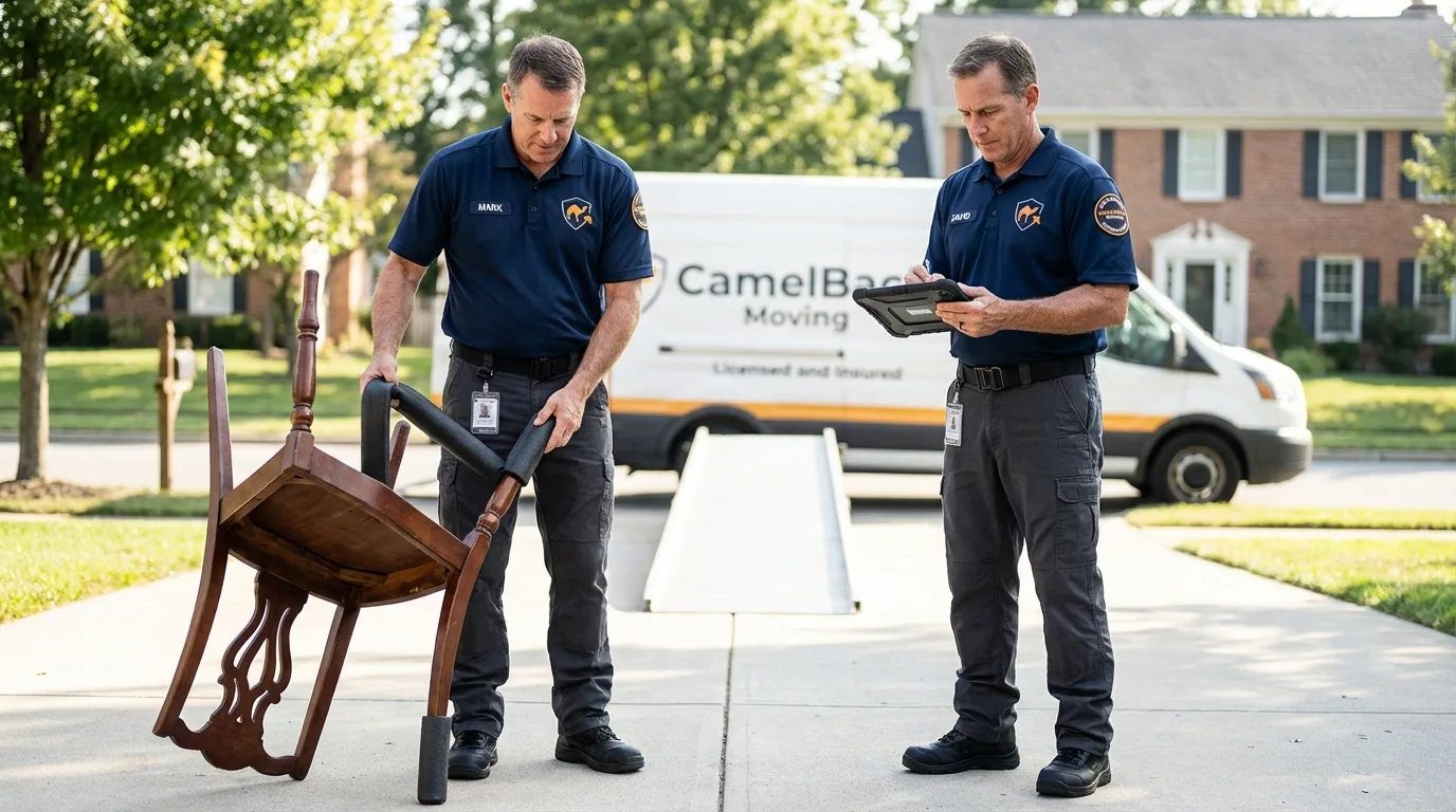 Movers inspecting furniture for damage prevention before loading in Pocahontas, AR